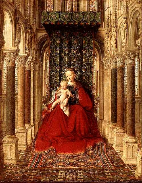 Центральная панель изображает Мадонну с Младенцем в готическом соборе