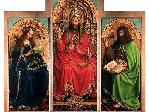 Гентский алтарь (фрагмент): в центре - Бог-Отец, справа - Иоанн Креститель, слева - Дева Мария