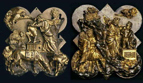 Слева барельеф Филиппо Брунеллески; справа — Лоренцо Гиберти. Сюжет один, а характеры разные!